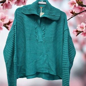 Free People Turquoise Ribbed Turtleneck Sweater